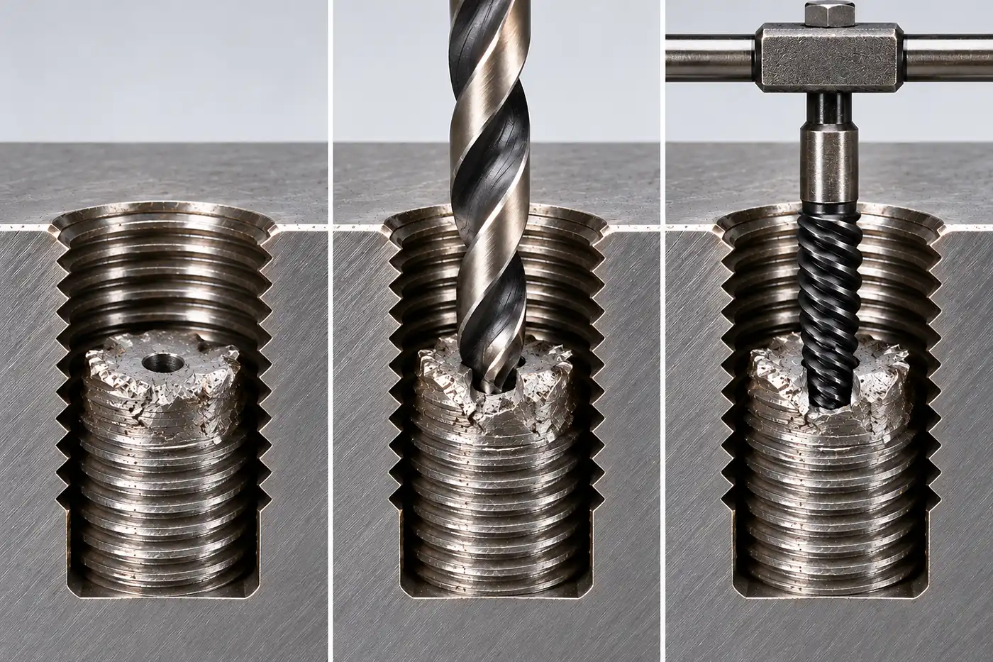 Three cutaway views of a broken bolt stub in a threaded hole: a small hole in its centre, a drill bit entering that hole, and a spiral extractor in a tap wrench.