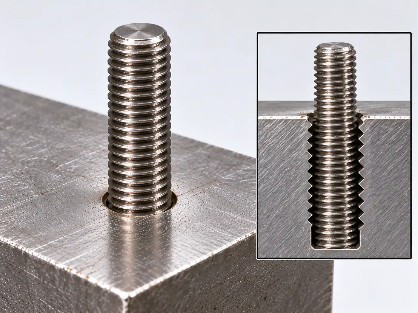 A threaded stud standing up from a steel block, with a cutaway inset showing the stud threaded into the hole.